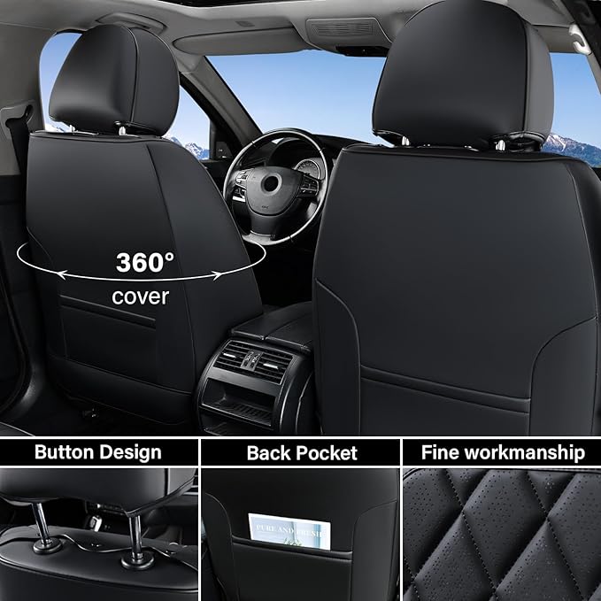 Coverado Car Seat Covers, Front Seat Cover, 2 Pack Waterproof Seat Covers for Cars, Luxury Faux Leather Car Seat Cushions, Car Seats Protectors, Black Car Seat Covers Universal Fit for Most Vehicles