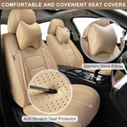 Beige Car Seat Covers Front Pair, Breathable Leather Automotive Front Seat Covers & Headrest for Comfortable Driving, Compatible with Most Cars Sedans SUV Pickup Trucks