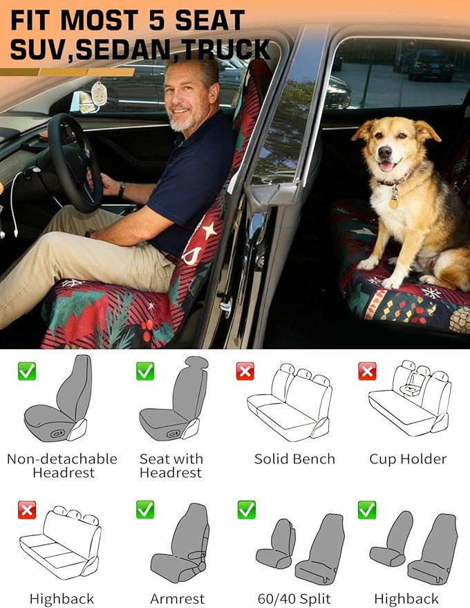 Universal Car Seat Cover Towel, Waterproof Washable Sweat Protection for Front Bucket Seats, Non-Slip Fit, Fits Cars SUVs Trucks, Ideal for Gym, Kids, Pets, Outdoor Sports, Travel (Christmas, 1 Pack)