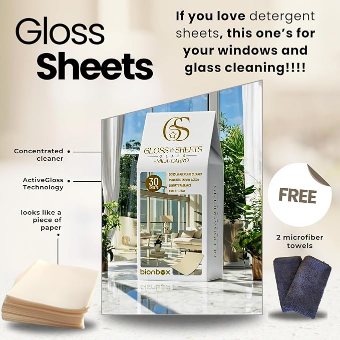 Glass Cleaner by Mila Garro – Streak-Free Enzyme Formula – 30 Water Dissolvable Sheets (Makes 3.75 Gallons) – Window & Mirror Cleaning – Free 2 Microfiber Cloths