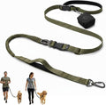 6-in-1 Hands-Free Dog Leash, Waist & Crossbody Bungee Lead with Dual Padded Handles, Bungee Shock Absorbing, Seat Belt Buckle, Reflective for Small Medium Large Dogs, Green