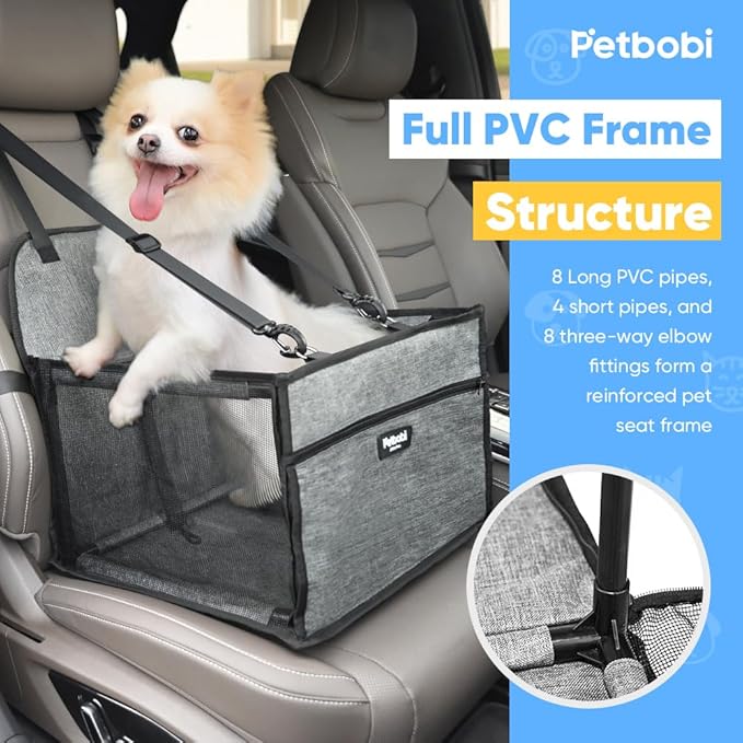 Petbobi Dog Car Seat - Puppy Car Seat for Small Dogs and Cats up to 20 lbs - Pet Car Seats with PVC Frame & Cationic Fabric - Perfect for Safe and Cozy Travel - Breathable Mesh, Storage Bag - Grey