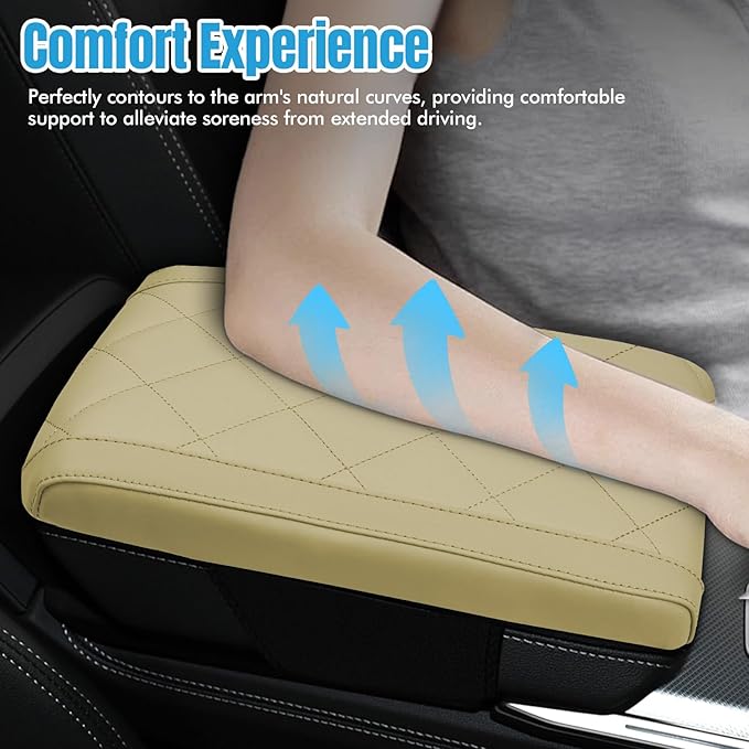 Hovom Car Center Console Armrest Pillow, 12.6"×7.87"×1.97" Leather Arm Rest Cover for Cars, Soft Comfortable Auto Armrest Cushion Pad, Vehicle Middle Console Cover, Car Accessories (Beige)
