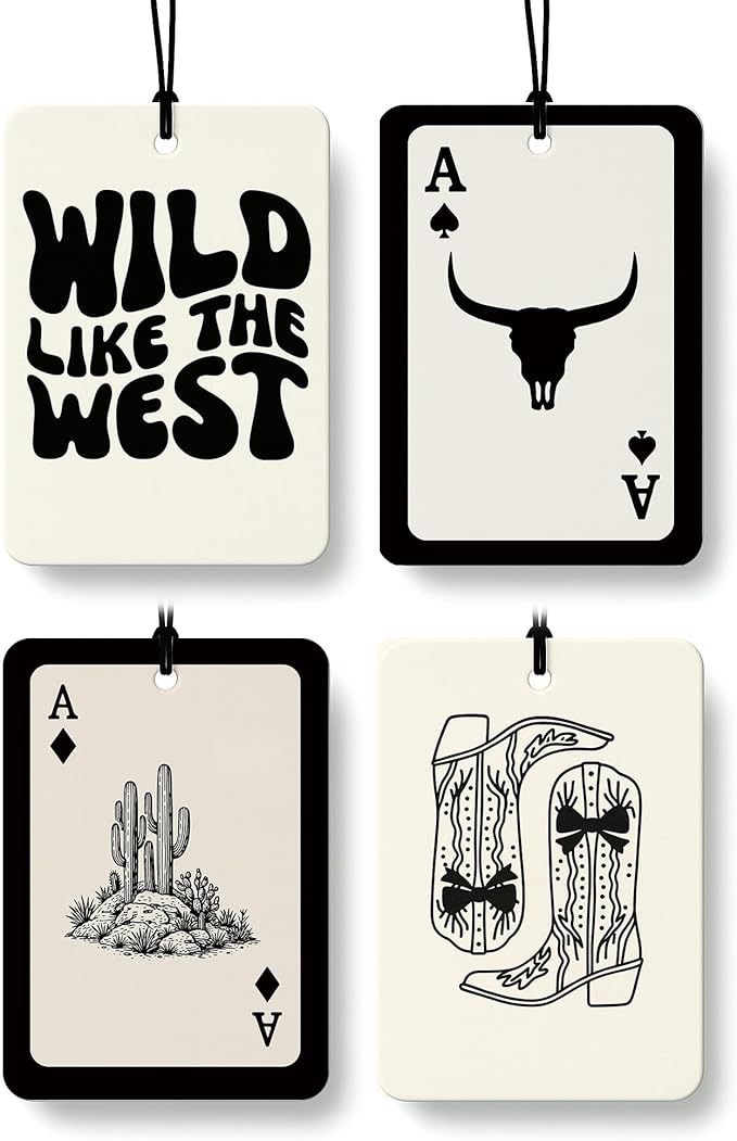 Retro Western Car Air Freshener 4 Pcs Coconut Scented, Cow Skull Cactus Ace Card Cowboy Car Accessories Mirror Decor for Women, Western Hanging Air Freshener for Cars Closet Drawer Books