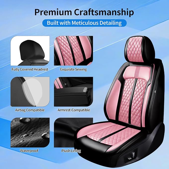 Fit Sonic Car Seat Covers for Select Chevrolet/Chevy Sonic 2012-2020, Premium Full Coverage Leather, Airbag Compatible, Waterproof All Weather Seat Cushion Protector, Front Pair Black+Pink