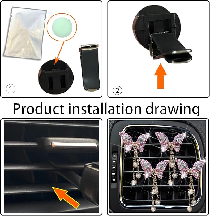 Pink Butterfly Air Vent Clips, 4 Pcs Bling Butterfly Air Fresheners Vents Clips Diamond Car Interior Decor Bling Cute Car Accessories Decoration for Women+ Heart Mask Hook