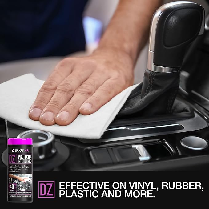 Suds Lab DZ Protective Interior Wipes, Interior Shield Car Protectant Wipes, Clean and Protect Automotive Surfaces from UV Damage, Fading, and Dust Buildup, Natural Matte Polish, 40 count
