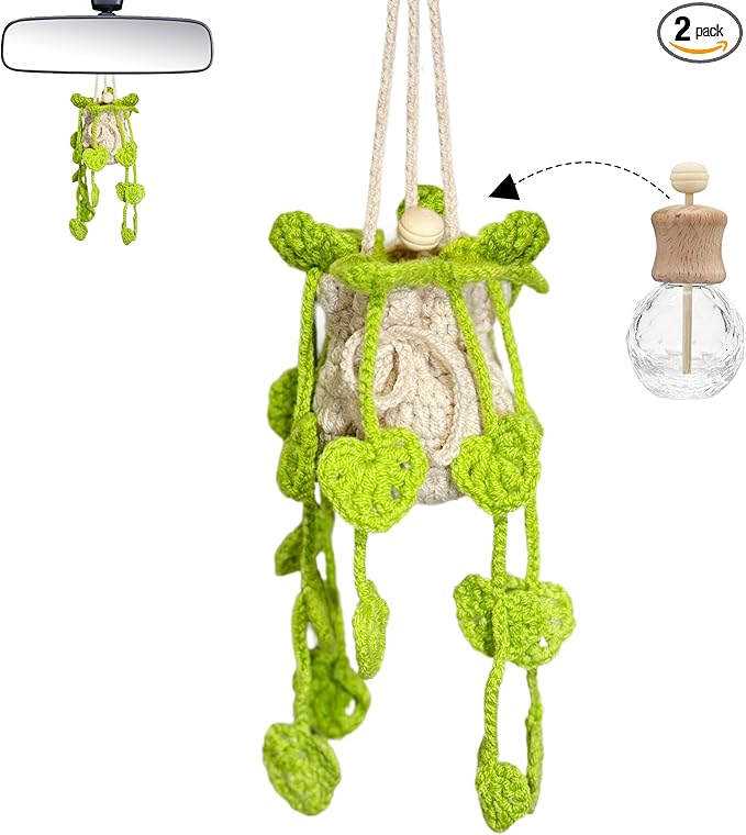 Crochet Car Air Freshener Hanging, Cute Hanging Plant for Cars, Crochet Plant with 10ml Empty Refillable Oil Diffuser Bottle, Handmade Boho Car Ornaments Charms for Rear View Mirror, Green