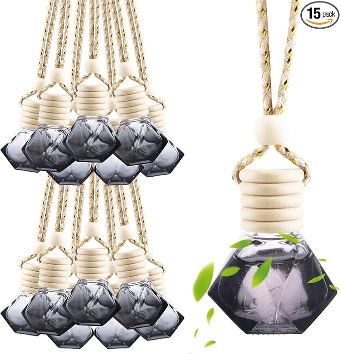 15 Pack Black Glass Car Hanging Bottles Empty Car Air Freshener Diffuser Bottle Essential Oil Fragrance Perfume Pendant Bottles Auto Ornaments Decor (Diamond)