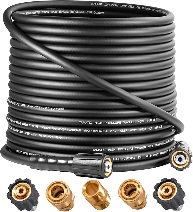YAMATIC 3600PSI Pressure Washer Hose For Power Washer 50FT X 1/4", Kink Resistant Heavy Duty Power Washer Extension Replacement Hose With M22-14mm x 3/8" Quick Connect Kit For Gas & Electric