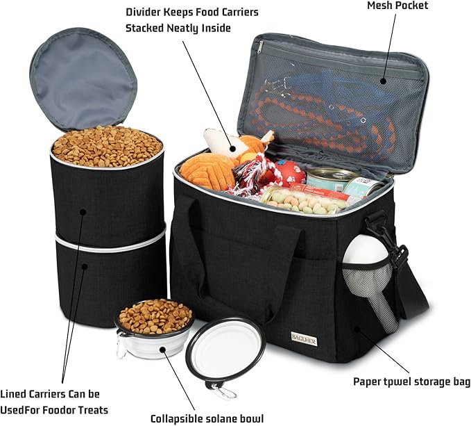 BAGLHER Dog Travel Bag Backpack Pet Supplies Backpack Pet Accessories Storage Bag 5-Piece Set With Shoulder Strap 2 Lined Pet Food Containers 4 Foldable Feeding Bowls Essential Kit for Pet travel