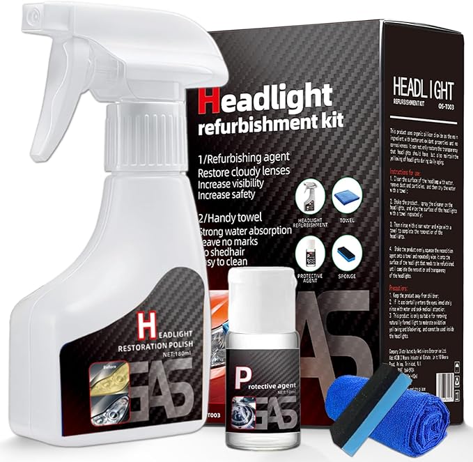 Headlight Restoration Kit with Ceramic Coating – Headlight Lens Cleaner to Remove Yellowing, Haze & Oxidation, Restore Headlight Clarity, Improve Night Visibility, Long-Lasting Protection-180ml