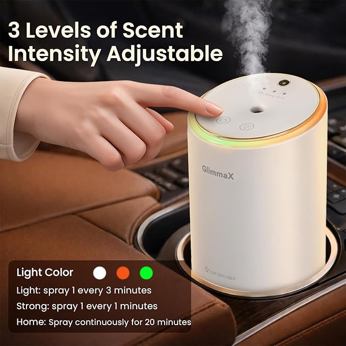 Smart Car Air Fresheners, New Smell Experience by Ultrasonic Mist, Auto On/Off, Natural Fragrance, 3 Adjustable Rechargeable Aroma Diffuser with Built-in Battery, Long Lasting Premium Scent