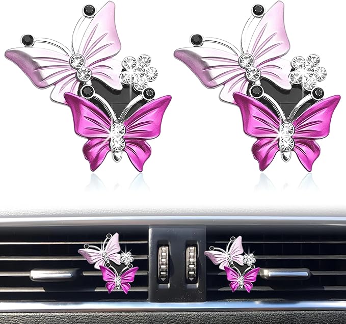 Car Shiny Dual Butterfly Air Outlet Clips, Crystal Air Fresheners Vent Clips, Car Diffuser Vent Clip Rhinestone Diamond Interior Decor, Car Decoration, Bling Car Accessories (2 Pcs Pink)