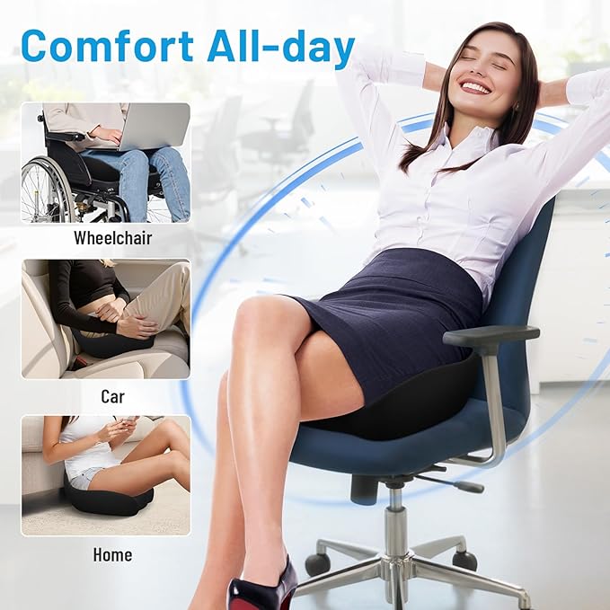 Memory Foam Seat Cushion for Office Chair, Ergonomic Coccyx Cushion for Desk Chair, Tailbone Support Pillow for Long Sitting, Non-Slip Seat Pad for Home, Car, Gaming Chair (Black, X-Large)