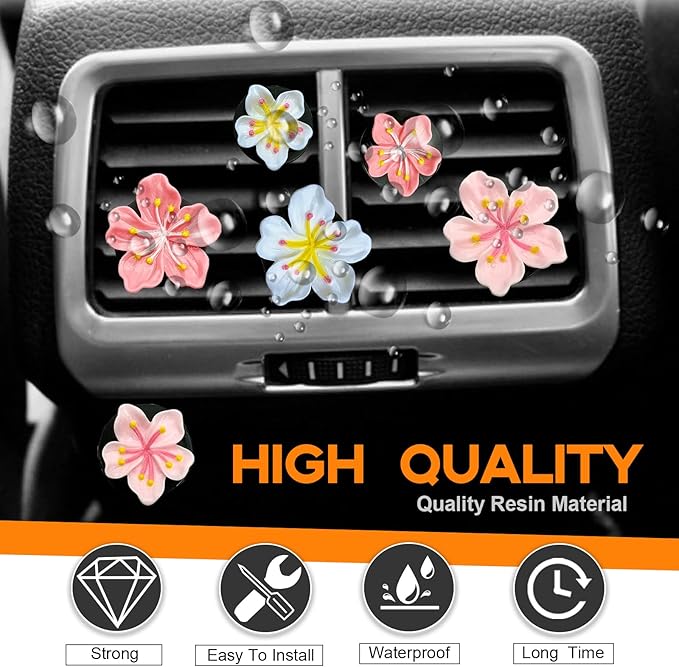 6PCS Flower Vent Clips, Car Air Fresheners Vent Clips, Cherry Blossom Dashboard Decoration, Car Accessories Aesthetic Interior Decor for Women Peach Blossom (No Aromatherapy Tablets)