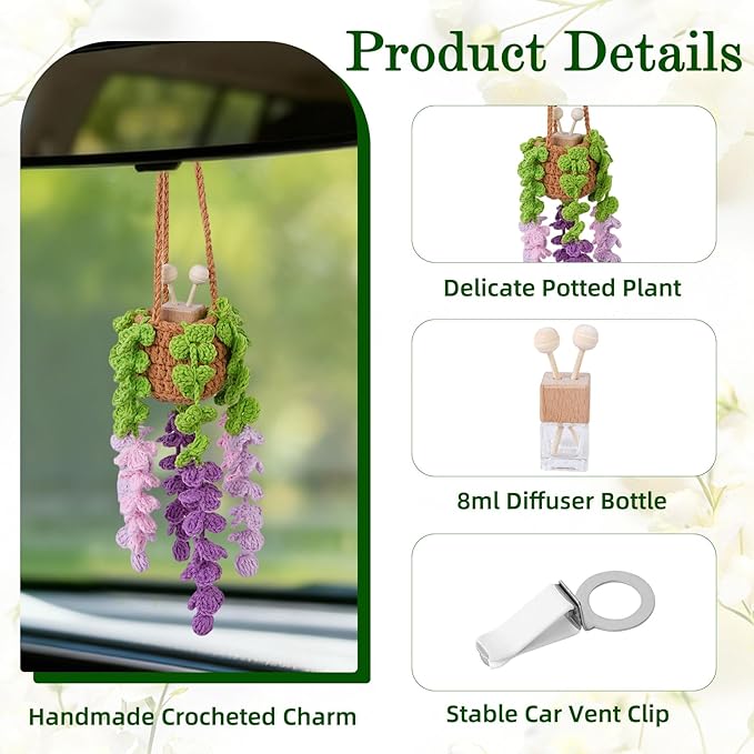 Crochet Car Air Freshener, 8ml Empty Refillable Oil Diffuser Bottle with Hanging Crochet Purple Wisteria Plant & Hanging Tools, Car Rearview Mirror Diffuser for Wall Art & Home & Office Decoration
