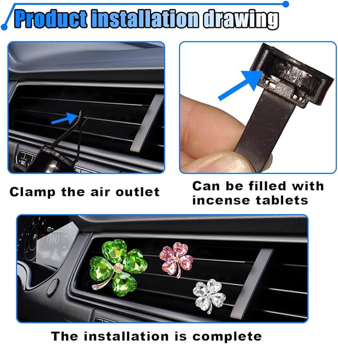 3PCS Bling Four Leaf Clover Car Dashboard Air Vent Trim Clips, Crystal Rhinestone Auto Air Fresheners Outlet Clips, Cute Car Interior AC Decoration Accessories for Women (Big Green/Small White & Pink)