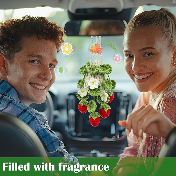 Crochet Hanging Plant Car Air Freshener，10ml Empty Refillable Car Diffuser Bottle with Potted Plants Car Mirror Hanging Accessories Car Air Hanging Fragrance Oil Diffuser (Deep Strawberry)