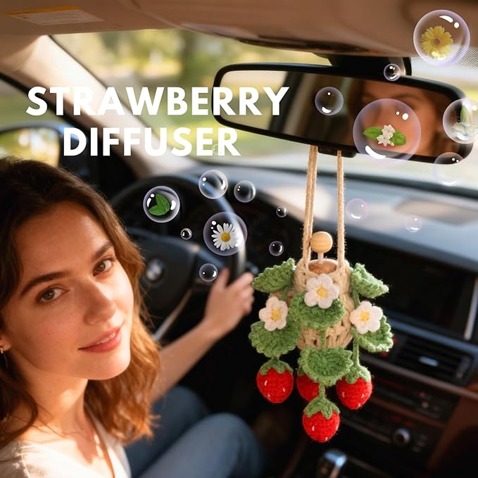 Handmade Crochet Hanging Car Air Freshener - Cute Strawberry Plant Design, 12ml Refillable Thick Glass Bottle, Car Diffuser for Rearview Mirror, Home & Office Decor