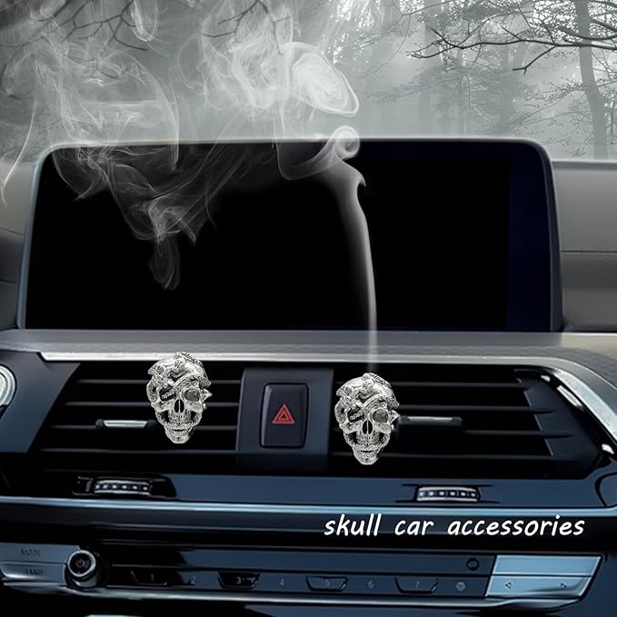 Skull Car Decor,Goth Car Air Freshener Vent Clip,Silver Snake Skull Horror Dahsboard Decorations Accessories,Refillable Clip On Diffuser for Women Teens