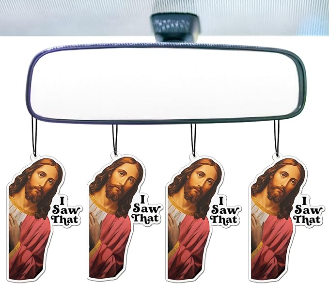 4 x Jesus I Saw That Funny Car Air Freshener, Christian Gift For Her Him, Funny Jesus Christmas Gift, Jesus Meme Gifts, Christmas Car Accessories, 3.2inch - Pack of 4