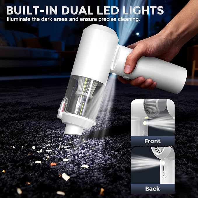 Car Vacuum Cordless: 12000Pa 2 in 1 Handheld Vacuum & Blower - Hand Vacuum Portable Cordless with Led Light, Multi-Nozzles for Car, Home, Office, Pet, Hair White