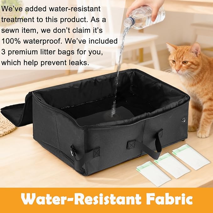 SZEE Travel Litter Box for Cats with Zipped Lid with 3 Pcs Disposable Liner Bags, Easy Cleaning, Suitable for Pets up to 15lbs, Portable Litter Box for Travel, Car, Hotel, Airplane, Camping - Black