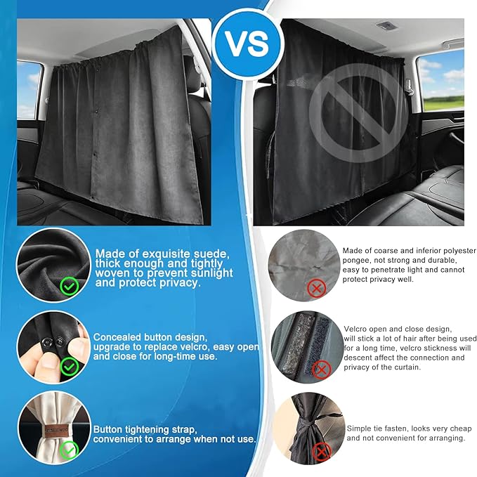 Car Divider Privacy Curtain, Blackout Suede Sun Shade Cover Front & Rear Seat Partition Space Divider Auto Van Truck Interior Accessories for Family Camping Baby Sleeping (Beige, Large)