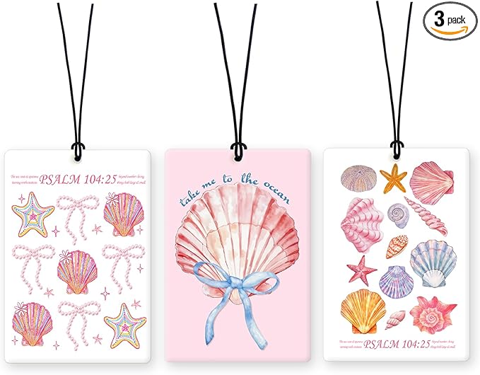 Lacama Pink Christian Beachy Car Air Freshener 3Pcs, Coquette Bow Ocean Seashell Beach Cars Scents Air Freshener for Women Girls Gifts, Preppy Girly Car Accessories Interior Mirror Decor Hanging
