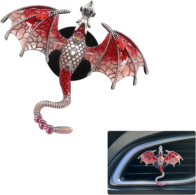Dragon Car Decor,1pc Bling Red Dragon Car Air Freshener Vent Clips,Cute Alloy Enamel Wyvern Dragon Goth Vent Clips Dashboard Decorations,Refillable Essential Oil Diffuser
