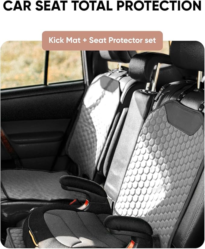 Owleys 2-in-1 Car Interior Guard Bundle | Eco Leather Seat Covers | Kick Mat and Protector | Premium Waterproof Road Trip Child Shield | Holiday for SUV Sedan Truck | Luxury Gray