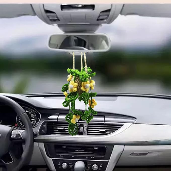 Knitted Boho Plant Hanging Ornament, Cute Crochet Car Plant Basket, Rear View Mirror Decoration - Yellow Flower