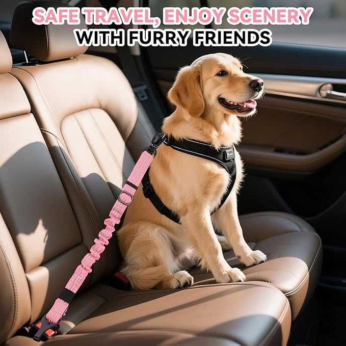 Pawaboo Dog Car Seat Belt– Reflective & Adjustable Dogs Cars Harness Leash with 360° Lockable Buckle, Shockproof Dogs Tether Bungee for Safe Travel, Pink