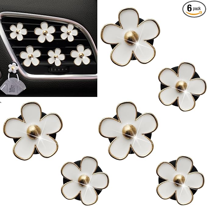 6 PCS Daisy Car Decorations, Cute Flower Air Vent Clip Air Dashboard Outlet Clip Car Air Freshener Vent Clips Car Interior Decor Charm Car Interior Accessories for Girls Women (White)