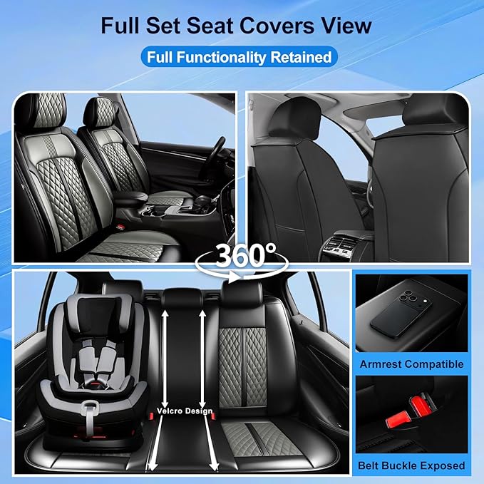 Fit Accord Car Seat Covers for Select Honda Accord 2012-2026 - Premium Full Coverage Leather, Airbag Compatible, Waterproof & All Weather Seat Protector, Full Set, Black+Gray