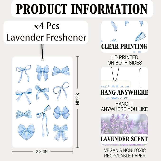 Blue Coquette Preppy Lavender Car Air Freshener 4 Pcs, Girly Bow Disco Ball Poker 8 Ball Air Freshener Hanging Decor for Cars Closet Drawer Books, Cute Accessories Gifts for Women Girls