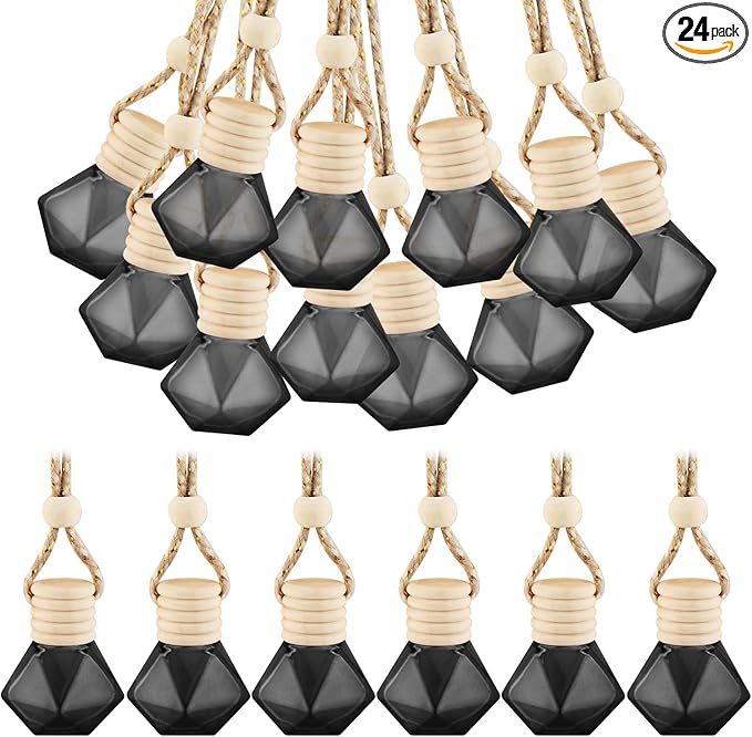 24 Pcs Black Car Hanging Air Fresheners Empty Glass Diffuser Bottles Pendant Perfume Bottle For Essential Oil Fragrance Aromatherapy Auto Interior Ornaments Decor (Diamond-Black)