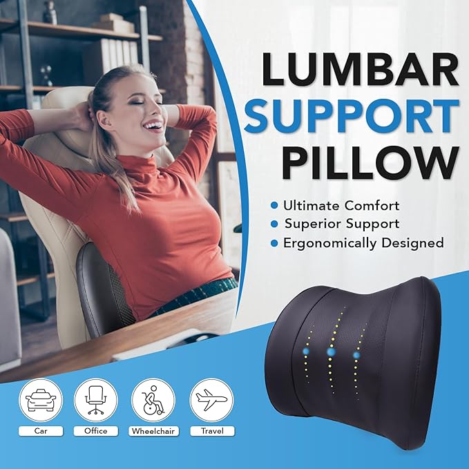 Lumbar Support Pillow for Car, Memory Foam Lumbar Pillow for Lower Back Pain Relief - Back Cushion for Driving, Chair Support for Car-Office Chair, Wheelchair - Classic Black