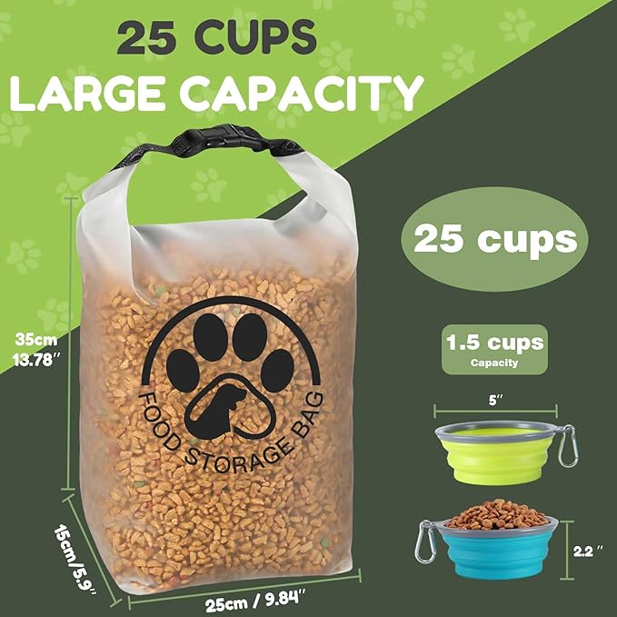 Pet Food Storage Bag for Travel - Transparent Leak-Proof Dog Food Container with Roll-Top Closure, Keeps Kibble Fresh for Camping Trip, Dog Boarding, Weekend Getaways (25 Cups+bowl)