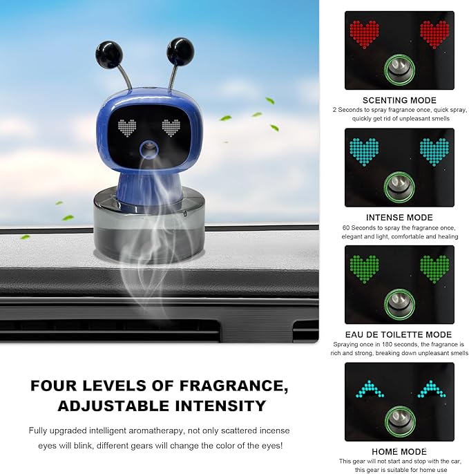 Smart Cute Robot Car Air Freshener, Fine Spray Car Aromatherapy Machine with Four-Gear Adjustment, Auto On/Off Mini Robot Fillable Essential Oil Diffuser for Vehicle Home Office (Ocean)
