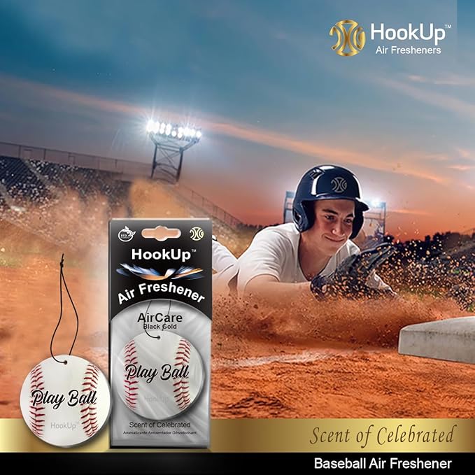 Baseball Car Air Freshener by HookUp - 50 Pack - Black Gold Scent (Extra Strong) | Unique Baseball Gift for Players, Coach, Fans | Hanging Car Accessory with Long Lasting Fresheners Smell