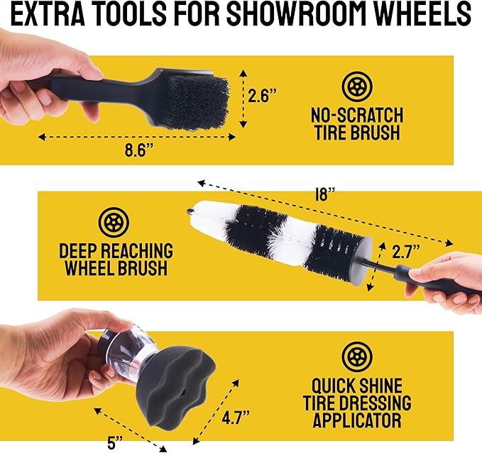 Car Detailing Brush Set 9-pc - Boars Hair Brushes Plus Wheel Cleaner, Tire Brush and Dressing Applicator - Car Cleaning Kit for Leather Seats, Dashboards, Wheels, Grills and Paint