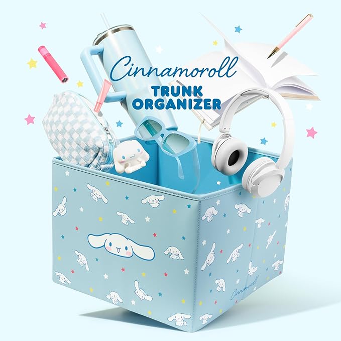 Sanrio Cinnamoroll Car Trunk Organizer, Steering Wheel Cover, Air Freshener & Refill – Cute, Collapsible, Heavy-Duty Storage & Car Accessories for Groceries, Tools, Travel – 12.5"L x 12.5"W x 9"H