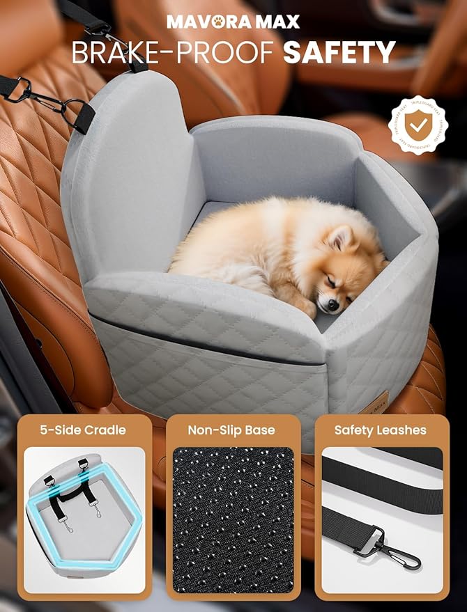 Dog Car Seat for Small/Medium Dogs, Elevated Dog Booster Seat Memory Foam Puppy Car Seat with Washable Cover, Travel Safety Pet Seat for Car with Storage Pockets Up to 35 lbs (Grey)