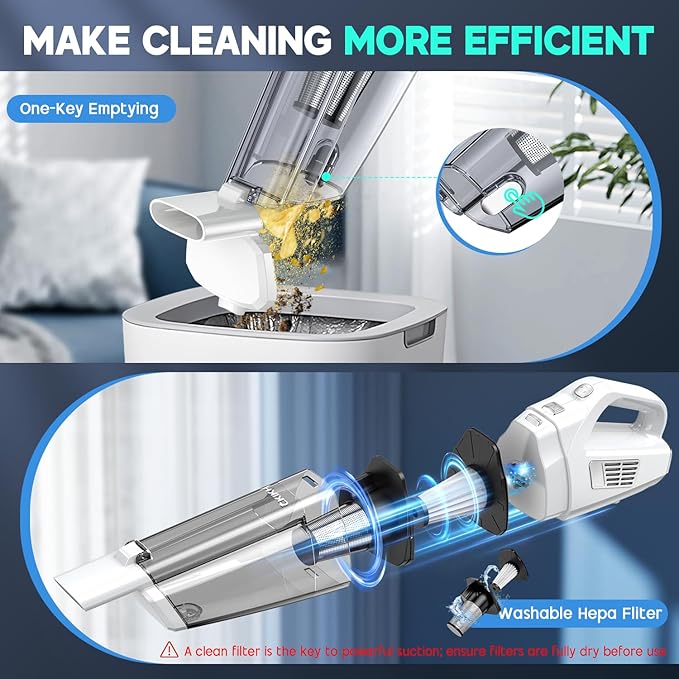 Handheld Vacuum Cordless, 15000PA Strong Suction Hand Held Car Vacuum Cleaner Portable with Multi-Nozzles & Washable Filter, Lightweight Dust Busters Rechargeable for Home, Car, Office, Pets