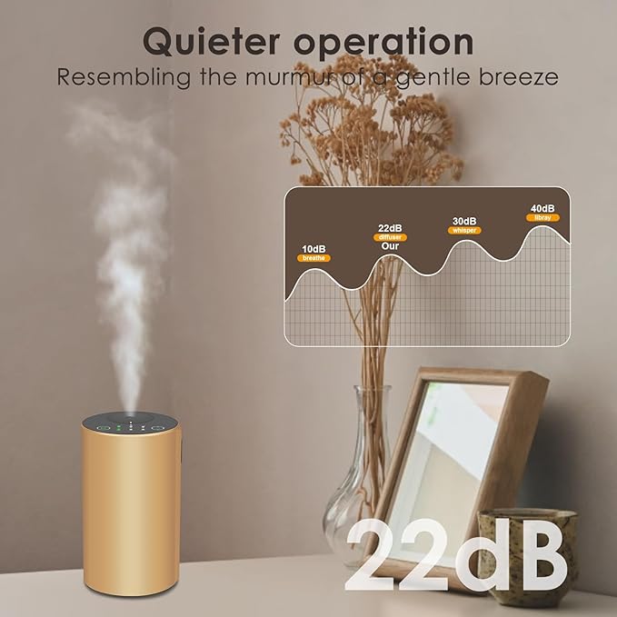 Waterless Essential Oil Diffuser, 7 Colors LED Light, Battery Powered Mini Scent Air Machine, Aromatherapy Mist Diffuser for Home Room Car Office (Gold)