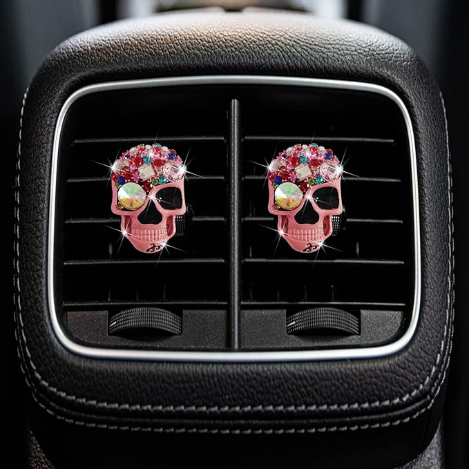 Pink Skull Air Vent Clips, 2 Pcs Bling Skeleton Car Air Fresheners Vents Clips Funny Car Diffuser Diamond Car Interior Decor Cute Car Accessories Car Decoration for Women +Sunflower Mask Hook