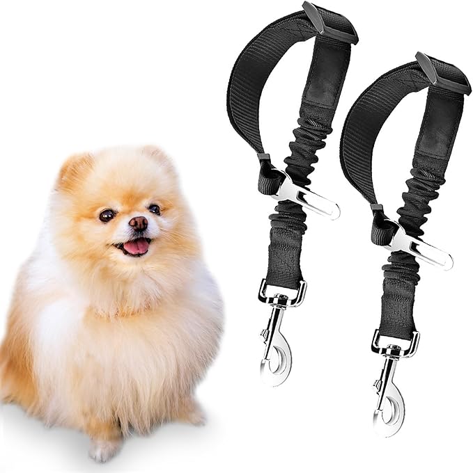 SunGrow Elastic Nylon Dog Seat Belt, 24” - 36”, Adjustable Black Harness, Elastic Tether with Metal Buckles, 2 Pcs per Pack