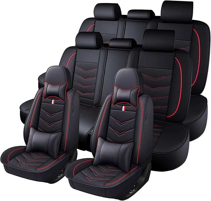 Car Seat Cover 8 Seats for Toyota Highlander 2001-2025, Waterproof Durable Premium Leather Car Seat Protector, Comfortable Anti-Slip Stylish Sport Seat Cover(8 Seats Luxury,Black Red)